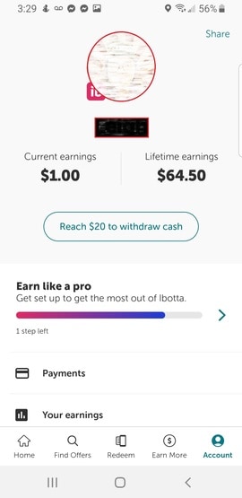 Ibotta App earning dashboard