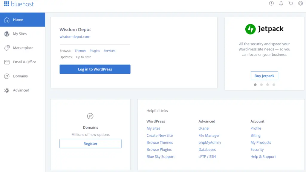 Bluehost dashboard