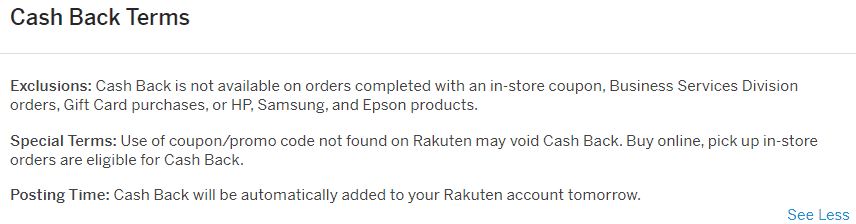 Rakuten cashback terms