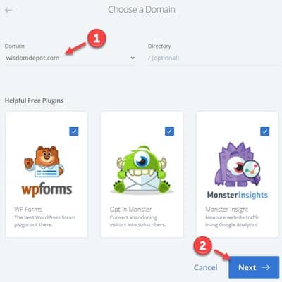 Bluehost Choose a domain to install WordPress
