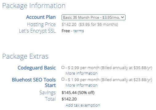 Bluehost package information