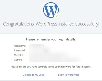 Bluehost successful WordPress Installation