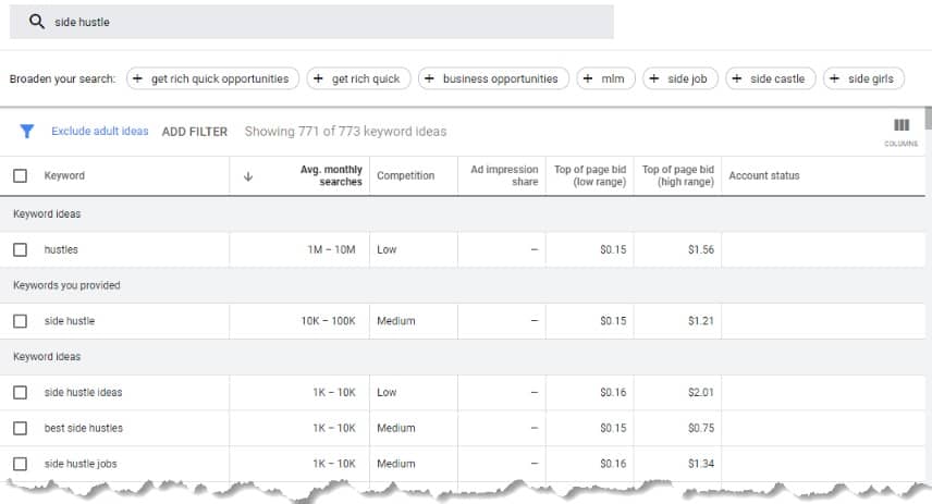 Google Adwords Side Hustle search result