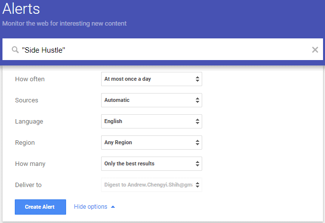 Google Alert for Side Hustle