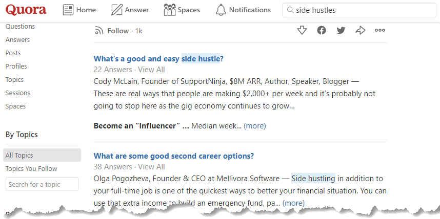 Quora side hustle search result