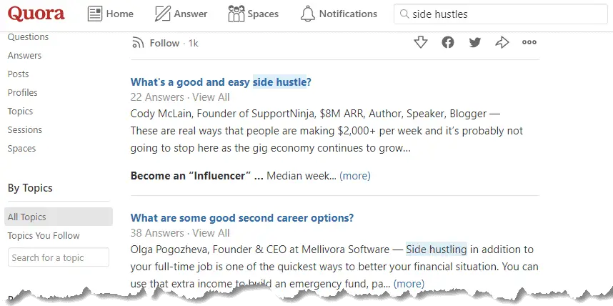 Quora side hustle search result