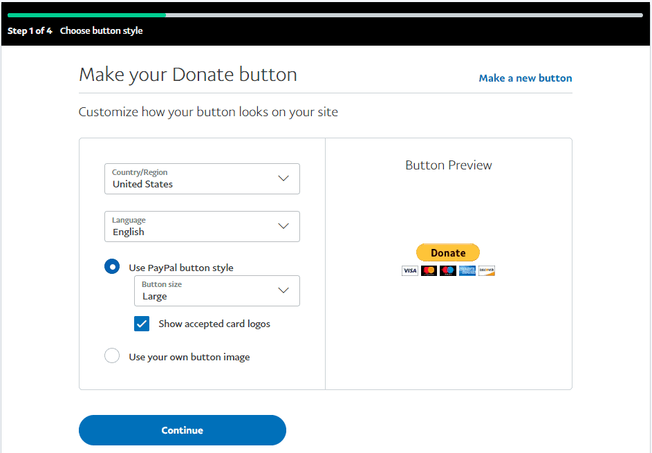 Paypal donation button setup step 1