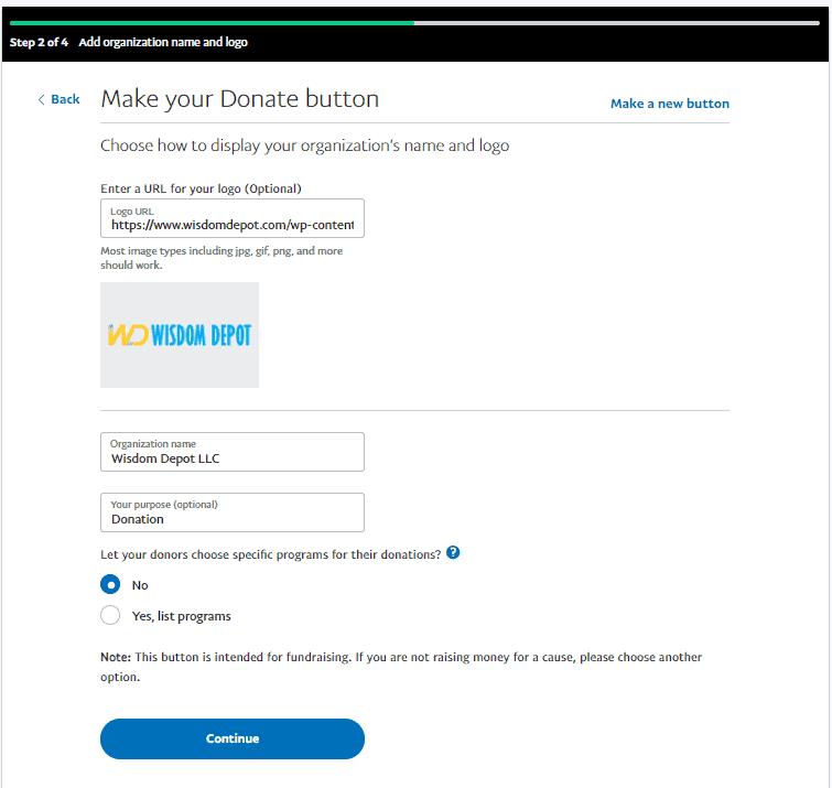 Paypal donation button setup step 2