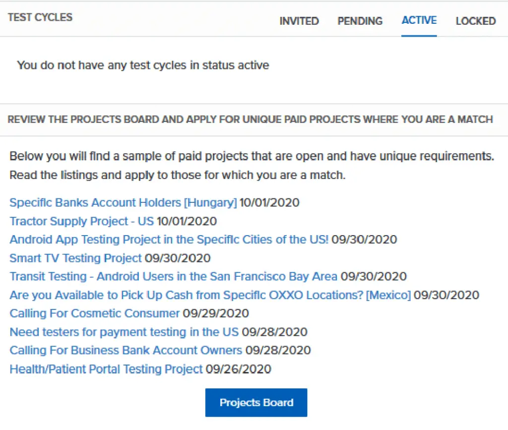 uTest Projects list