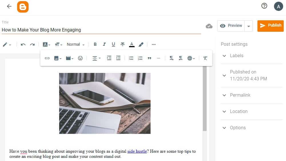 Blogger free blogging site editor
