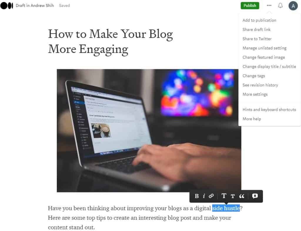 Medium free blogging site editor