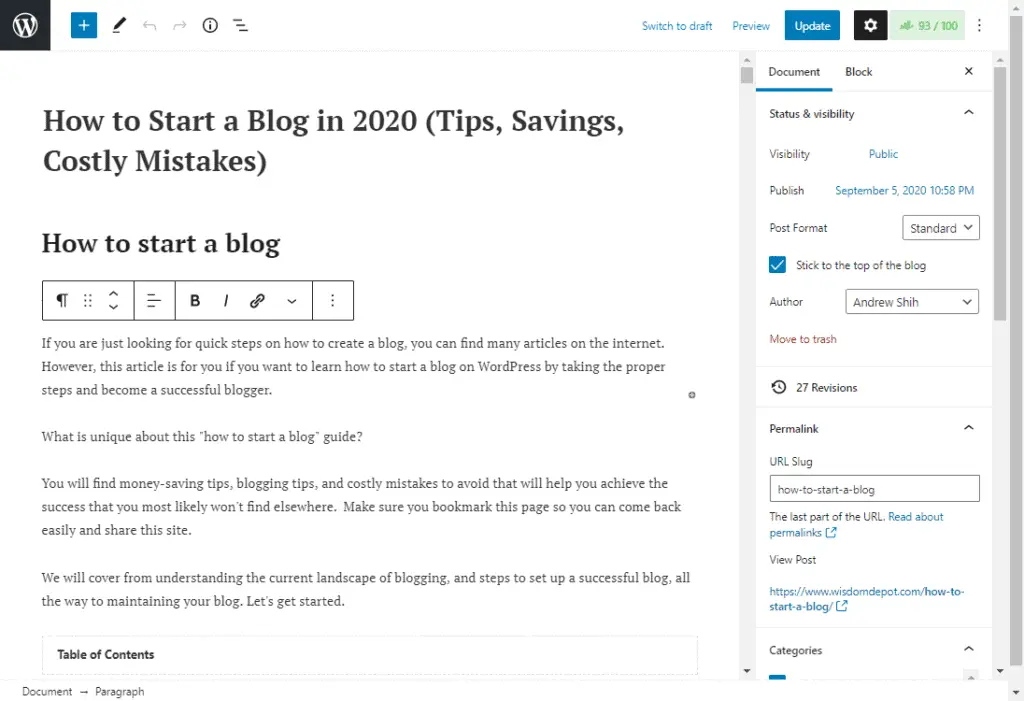 Wordpress.org blogging site editor