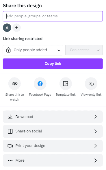 Canva Share this design main menu
