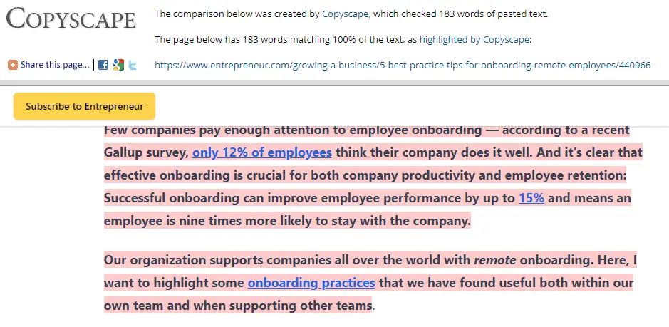 Copyscape Entrepreneur highlight for plagiarism