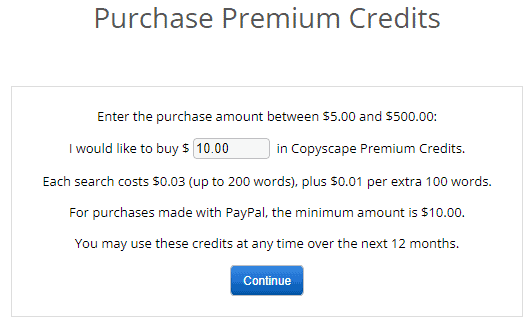 Copyscape purchase premium credits