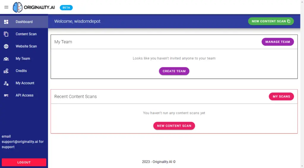 Originality Dashboard full and clean screen