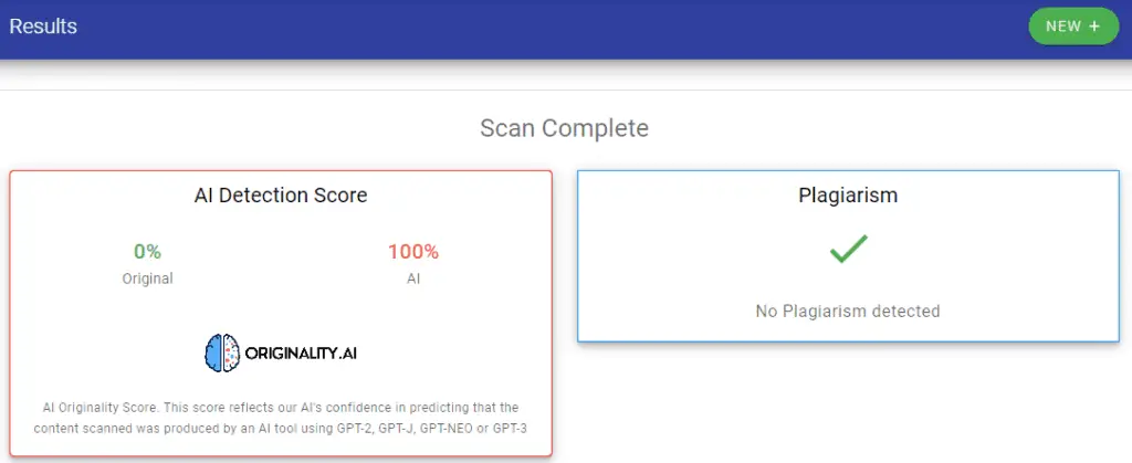 Originality.ai Plagiarism check and AI Detection Score of 100