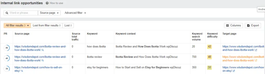 Ahrefs Internal link opportunities