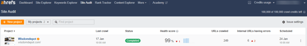 Ahrefs site audit overview wisdomdepot