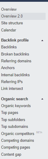 Ahrefs site explorer side menubar