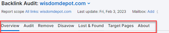 Semrush Backlink Audit Menu Items