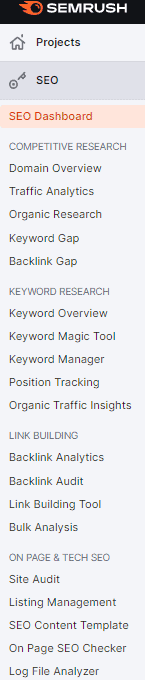Semrush menu side bar
