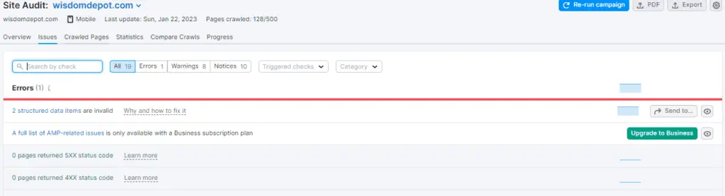 Semrush site audit issues
