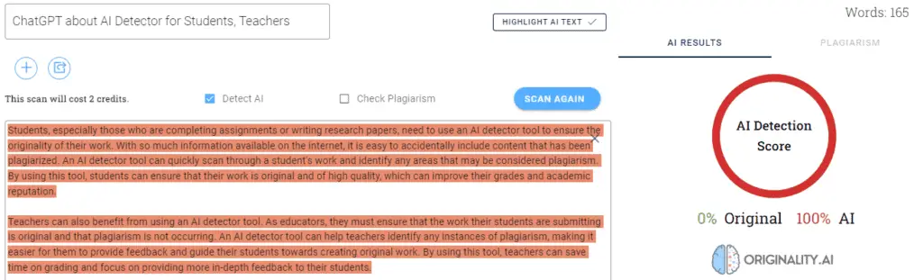 Originality ChatGPT scan for AI Detector