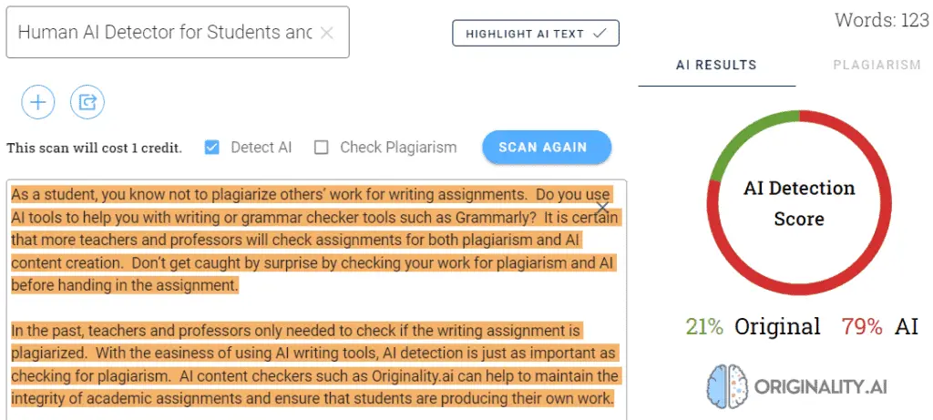 Originality Human writing AI detection v1