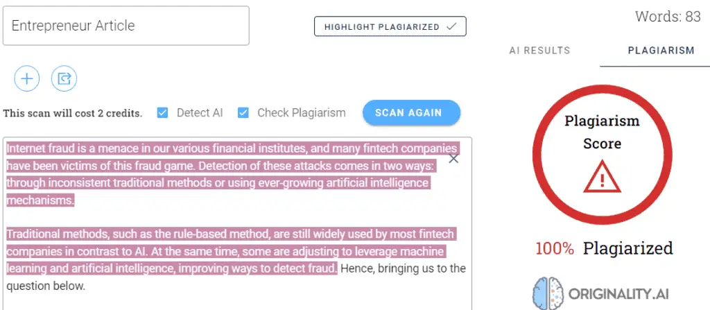 Originality Plagiarism score with original Entrepreneur article.