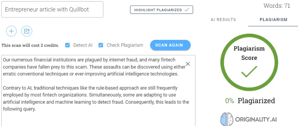 Originality Plagiarism score after using Quillbot to paraphrase Entrepreneur article.